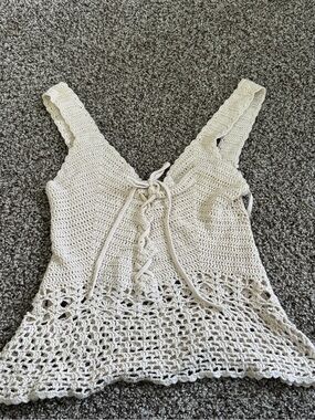 Aqua Cream Crochet Lace-Up Tank